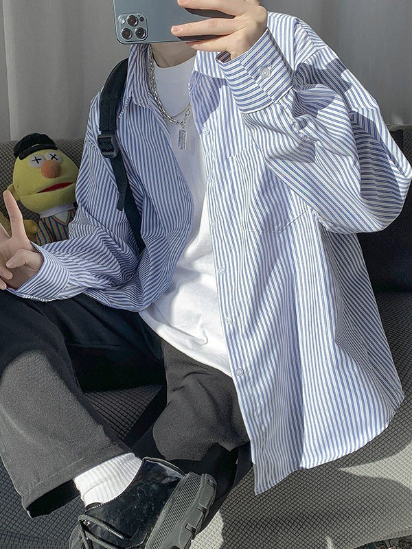 Japanese Style Blue White Striped Long Sleeve Shirt