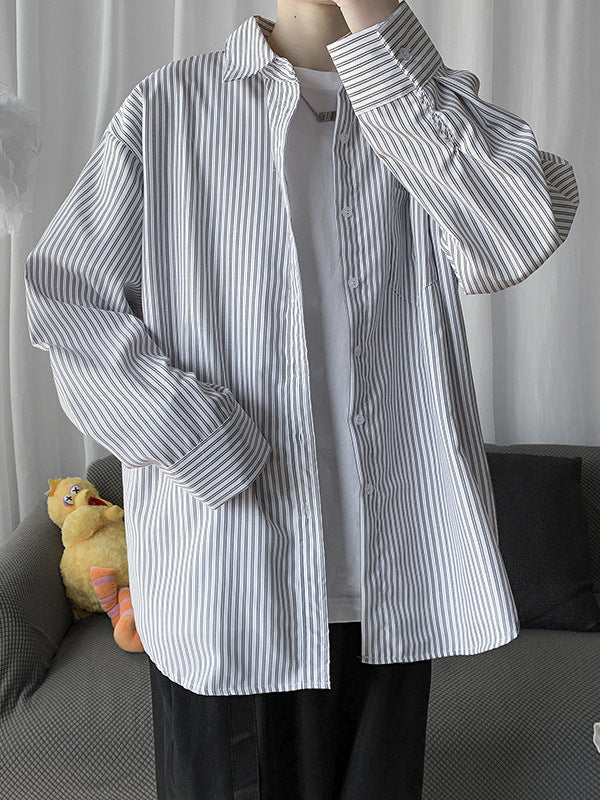 Japanese Style Blue White Striped Long Sleeve Shirt