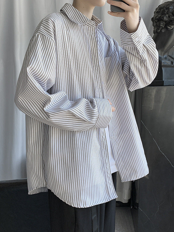 Japanese Style Blue White Striped Long Sleeve Shirt