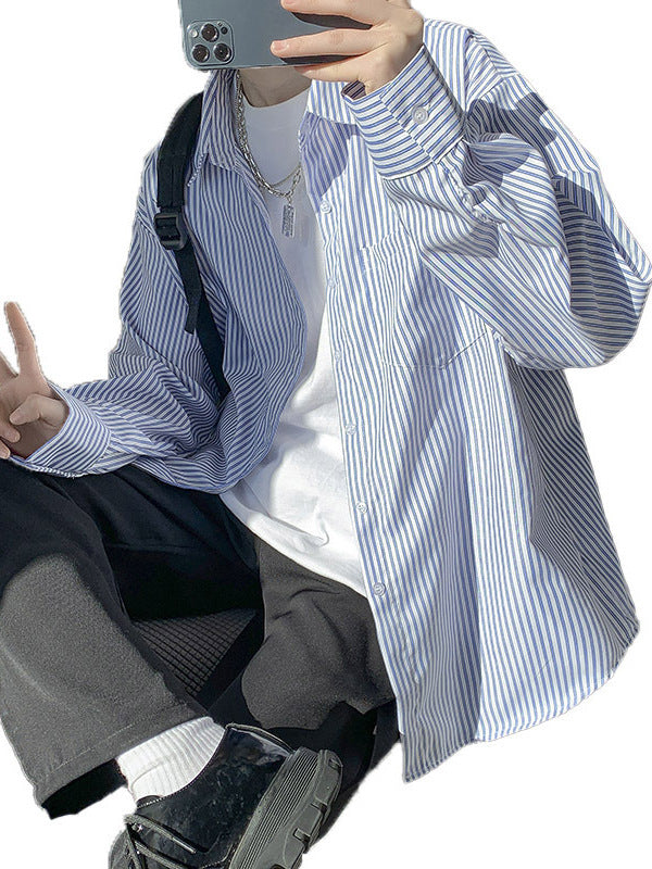 Japanese Style Blue White Striped Long Sleeve Shirt